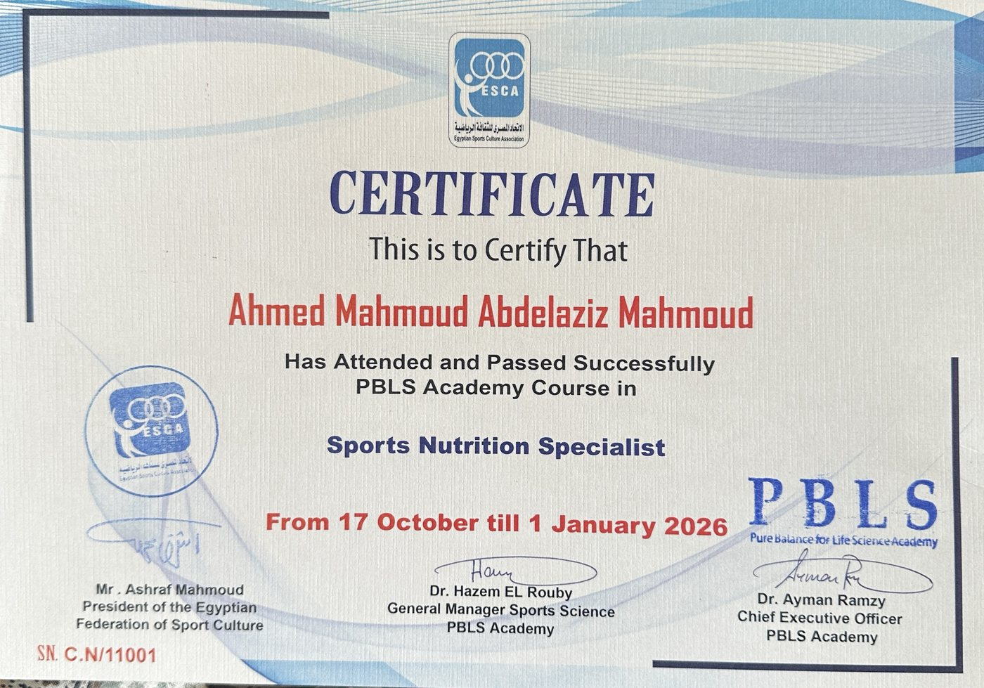 ESCA certificate awarded to Ahmed Mahmoud Abdelaziz Mahmoud for passing the PBLS Academy course in Sports Nutrition Specialist.