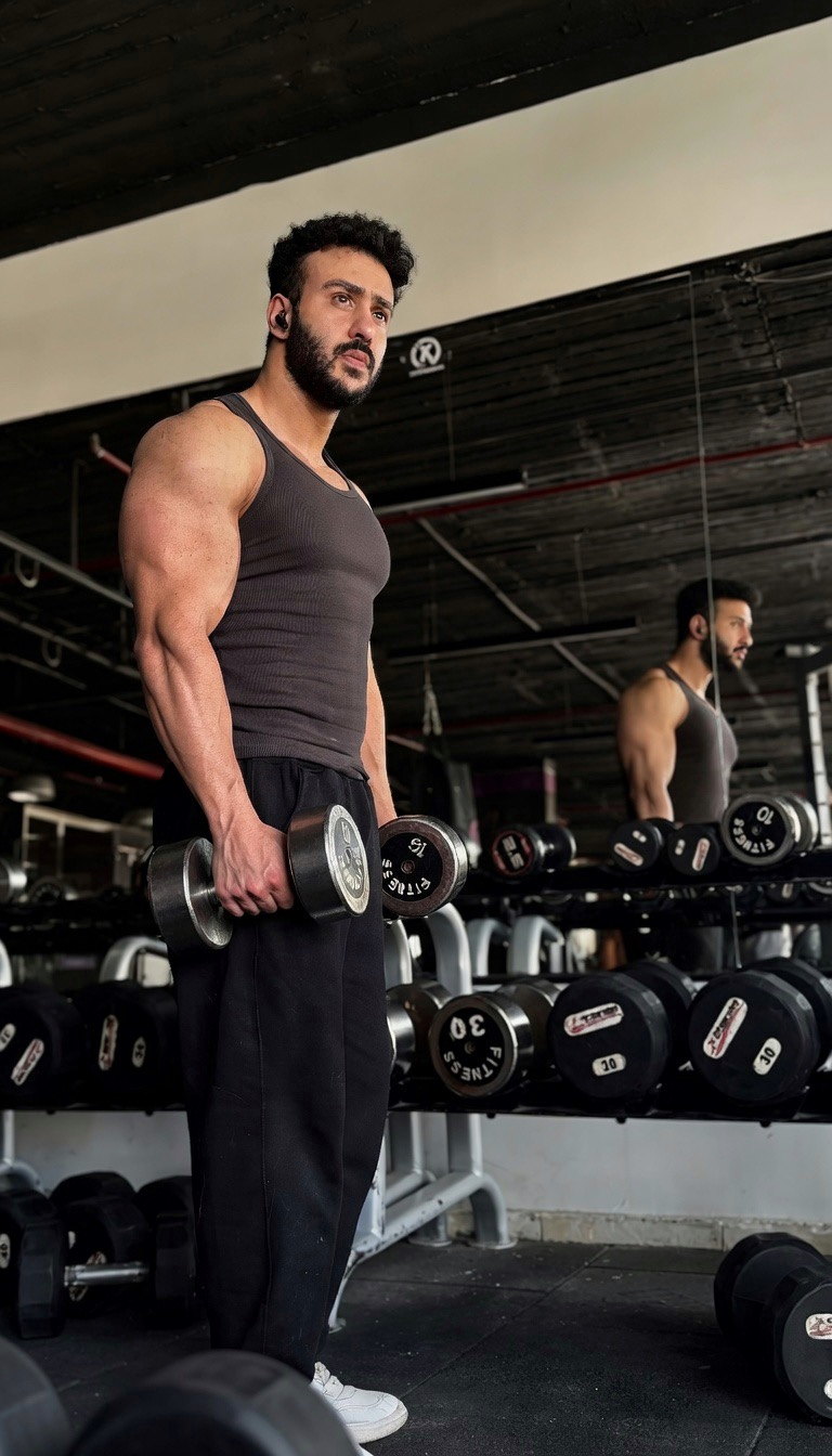 Dagher Mahmoud with a dumbbell beside the rack.